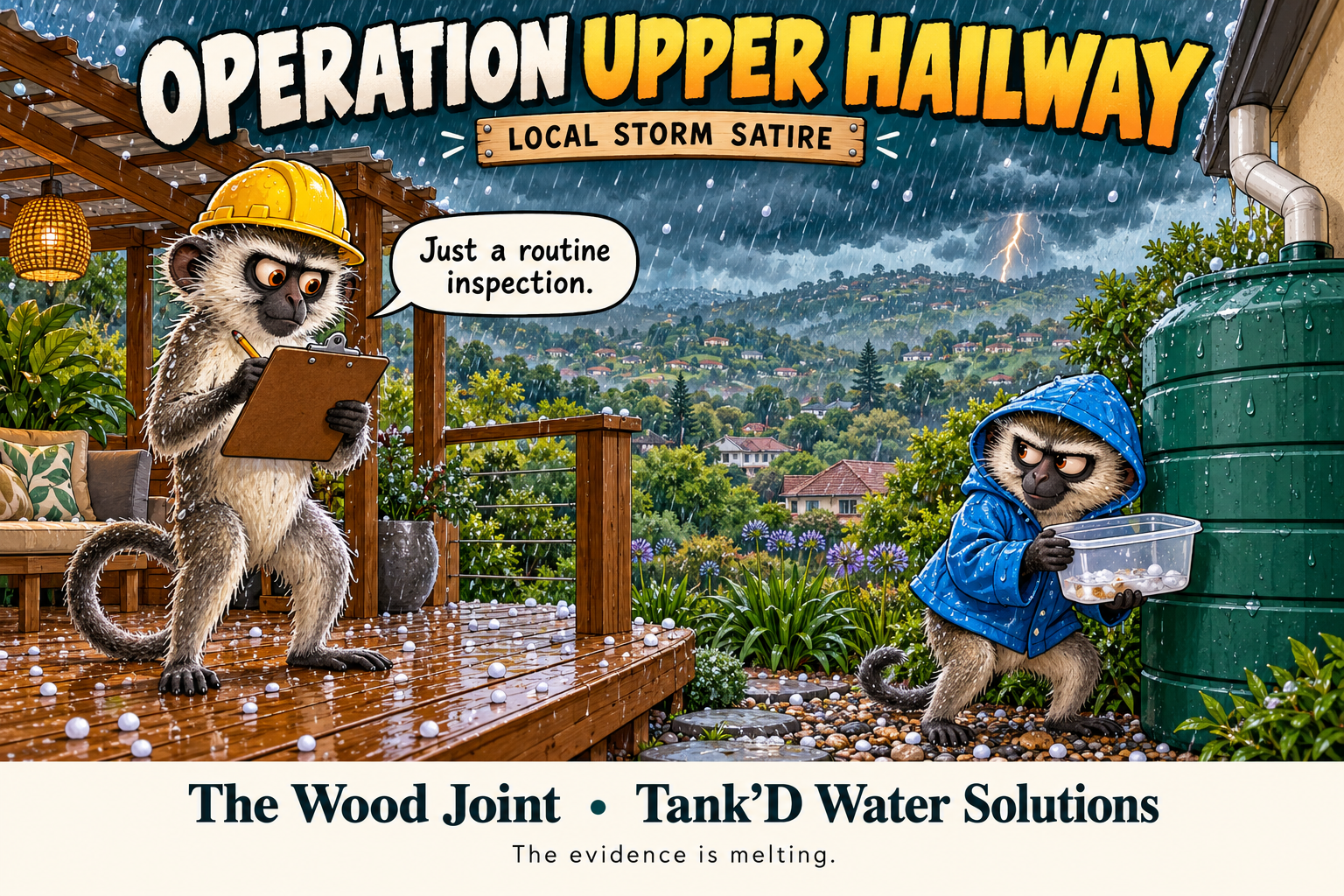 Fictional cartoon of two vervet monkey investigators beside a timber deck and rainwater tank, branded The Wood Joint and Tank’D Water Solutions.
